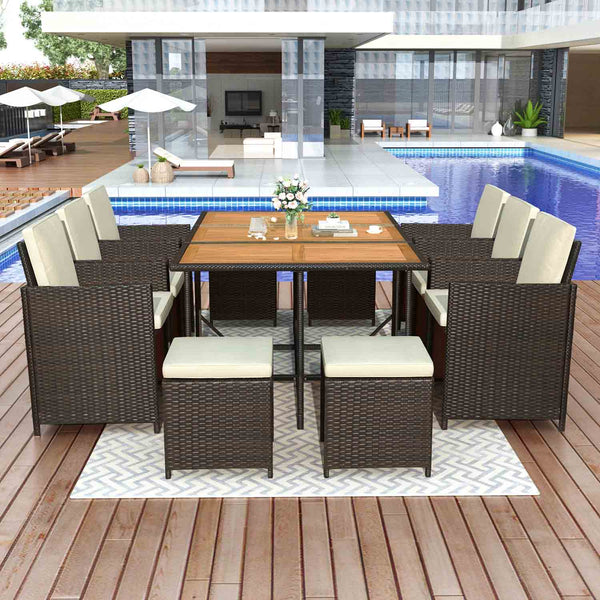 Haven Patio Wicker Dining Table Set with Wood Tabletop for 10