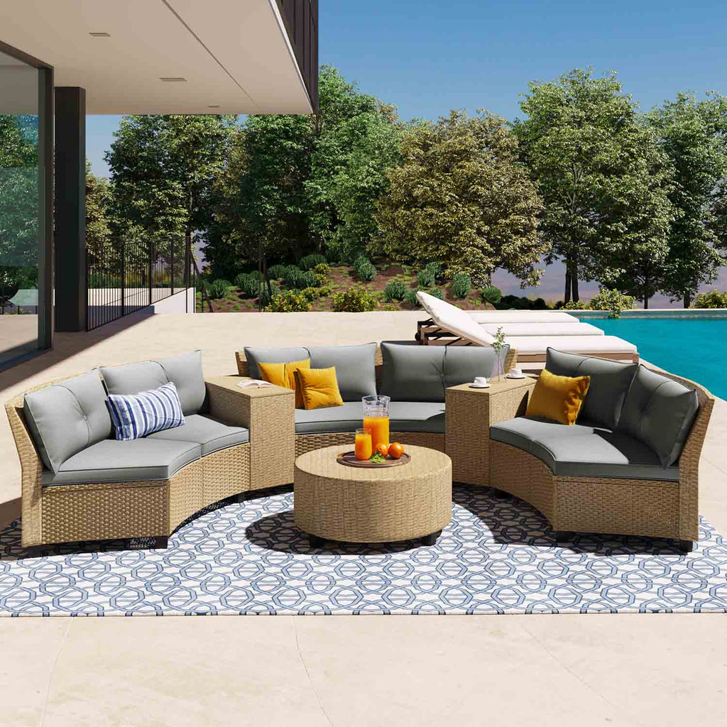 Irta 6 Seaters Curved Rattan Suit Combination with Cushions and Table