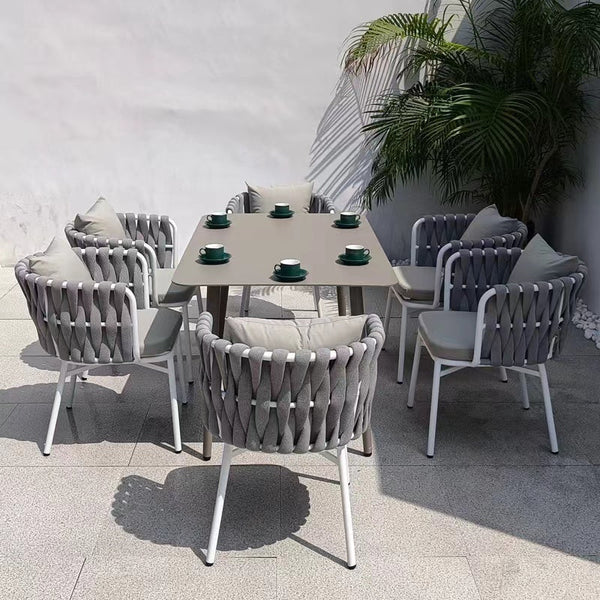 Haven Patio Dining Set with Solid Marble Top Table and 6 Woven Rattan Armchairs - 6 Seat