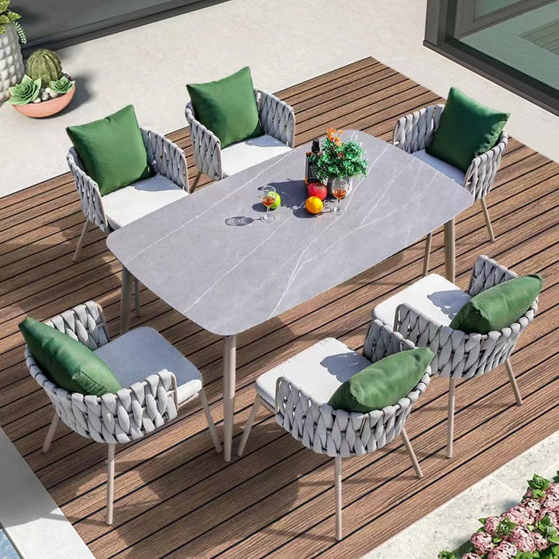 Haven Patio Dining Set with Solid Marble Top Table and 6 Woven Rattan Armchairs - 6 Seat
