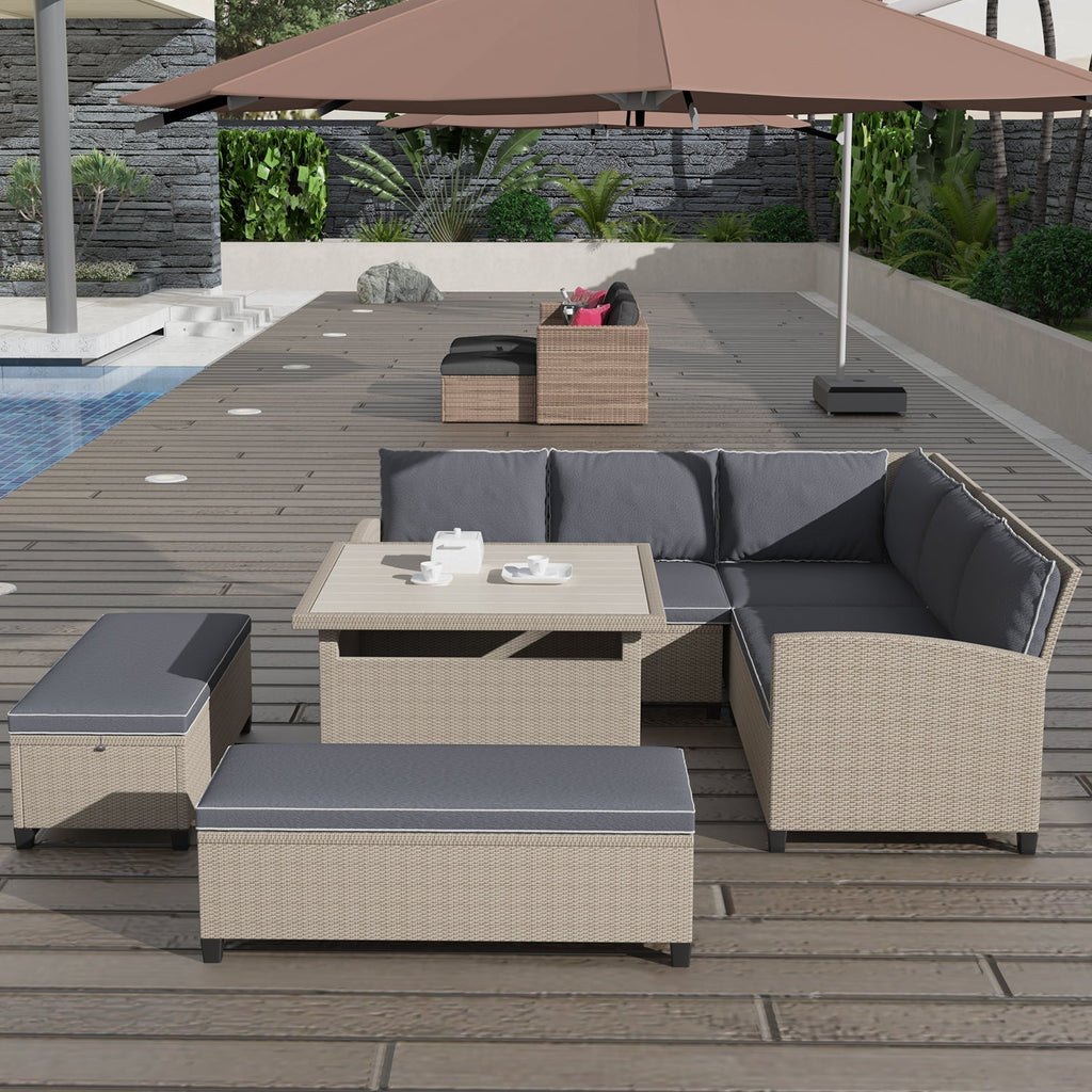 Irta Wicker Outdoor Corner Sectional, 2 Benches & Dining Table Set